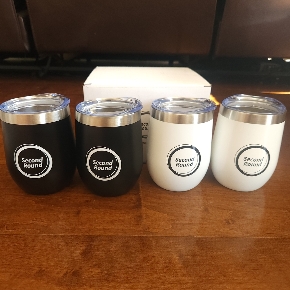New Second Round Black and White Insulated Wine Tumbler Set 4 Pack 12oz with Lid